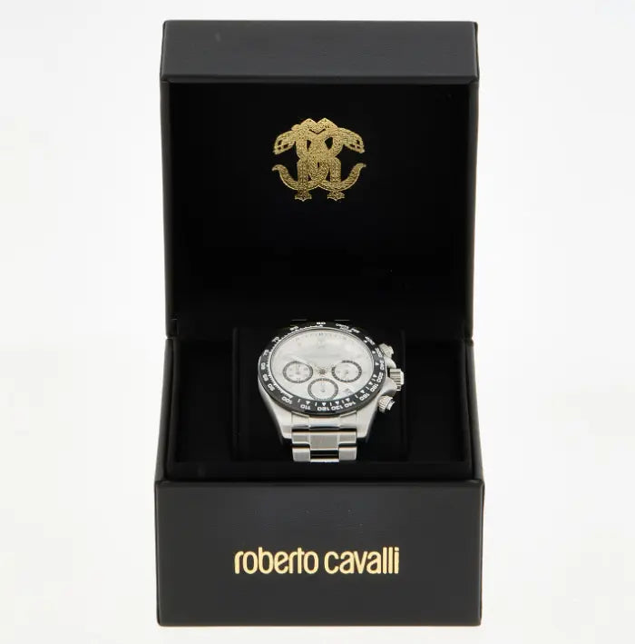 Reloj Roberto Cavalli plateado con resistencia al agua 5 ATM 