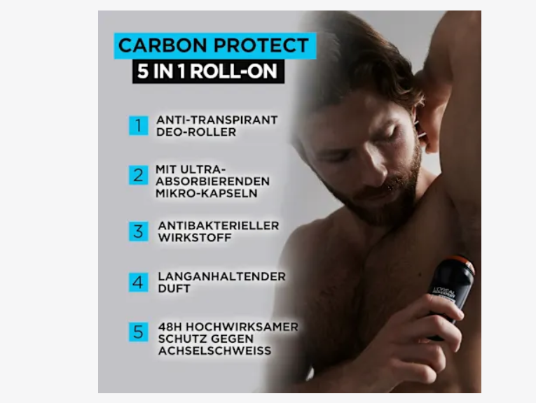 Desodorante antitranspirante Roll-on Carbon Protect 5en1, 50 ml L'ORÉAL PARiS MEN EXPERT