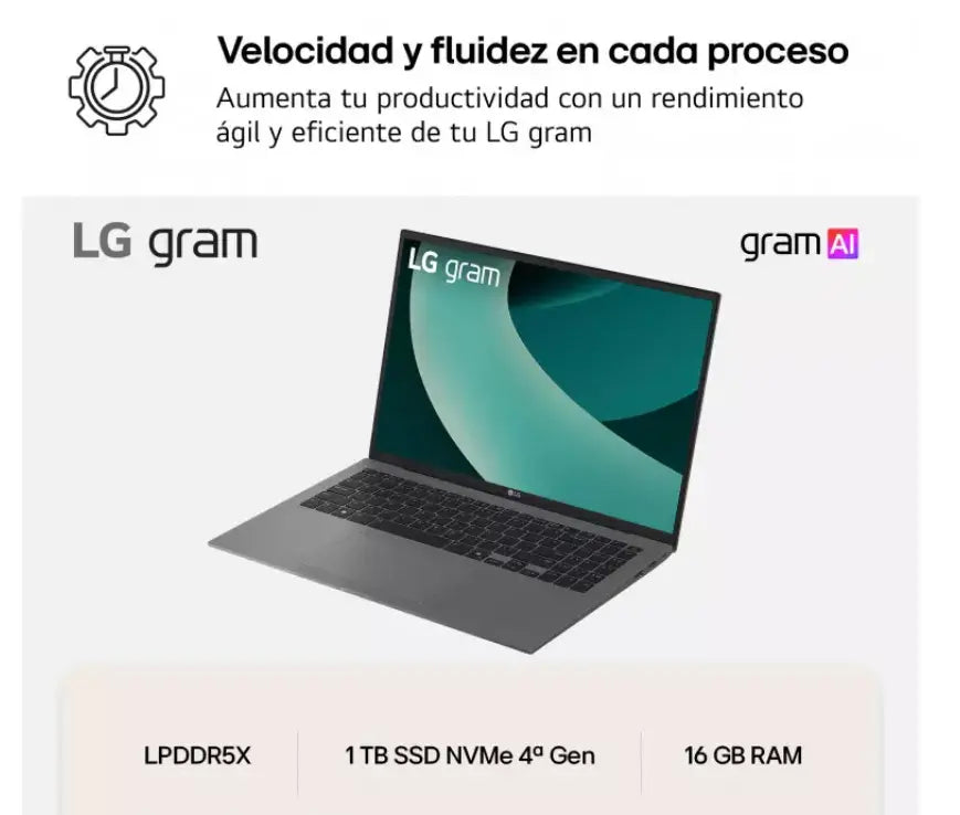 Portátil 16" LG gram 16Z90TL, 1.23Kg/U7 /32GB/1TB SSD| LG ES - Ashé Mi