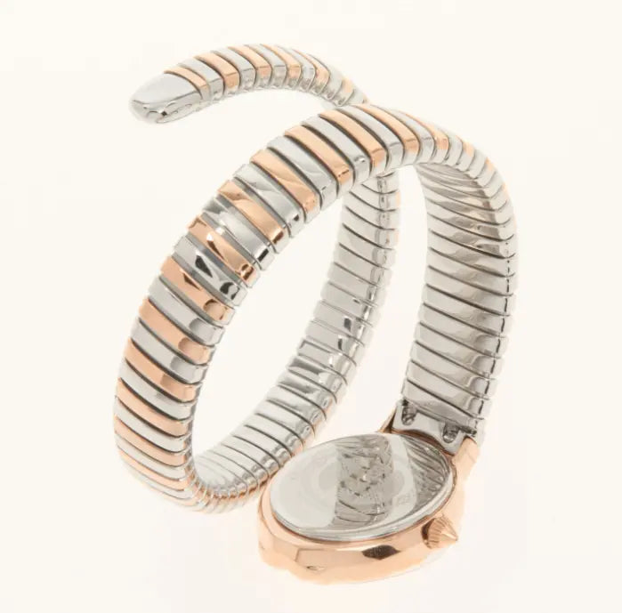 Pulsera de envoltura flexible en acero inoxidable tonos plata y oro rosa estilo serpiente.