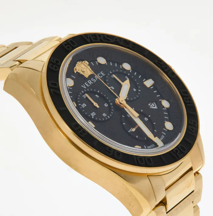 Reloj Versace dorado con broche plegable y cronógrafo 