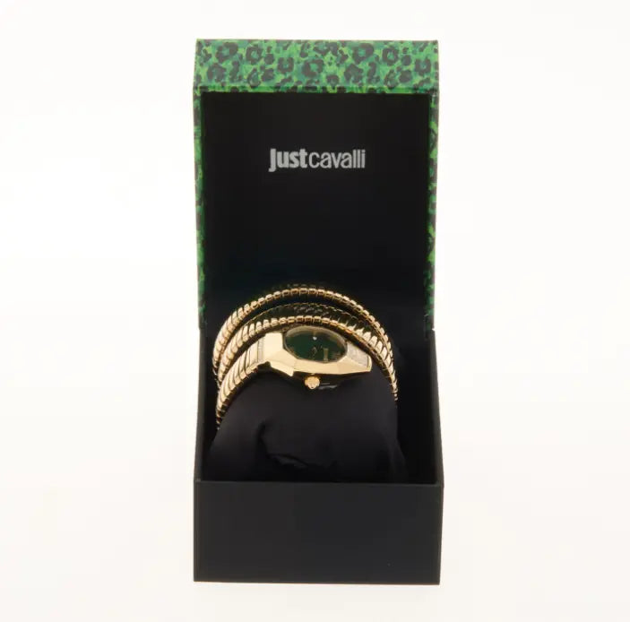 Reloj Just Cavalli Lunara presentado en estuche premium verde con estampado animal.