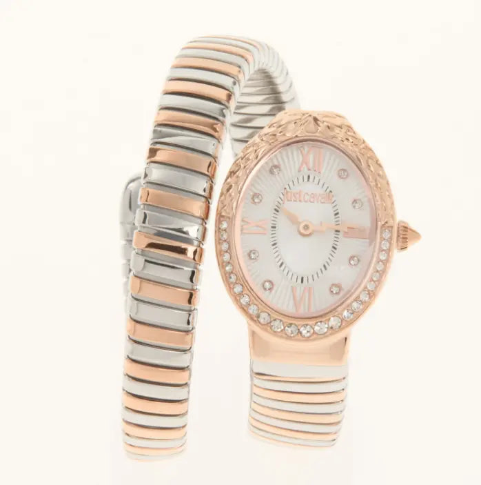 Reloj Just Cavalli Fiore diseño serpiente bicolor en plata y oro rosa con bisel de cristales.