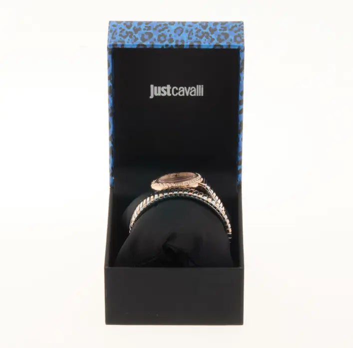 Reloj Just Cavalli Fiore en estuche azul con estampado animal de la marca.