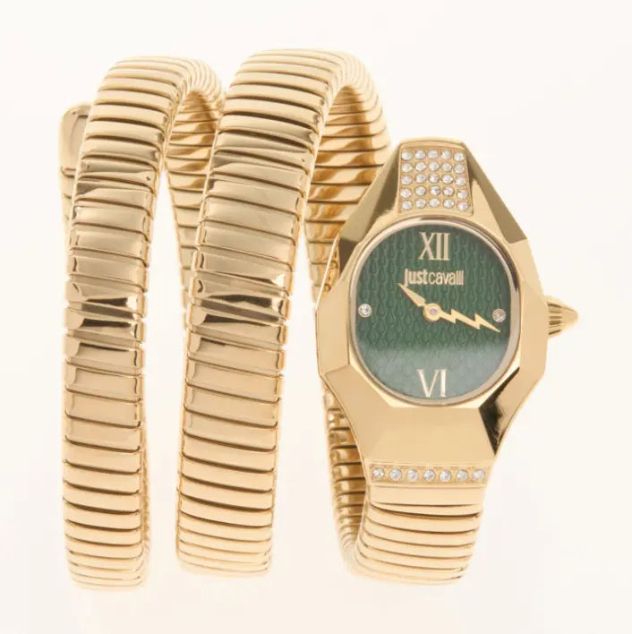 Reloj Just Cavalli Lunara dorado con esfera verde oscuro y diseño de triple serpiente.