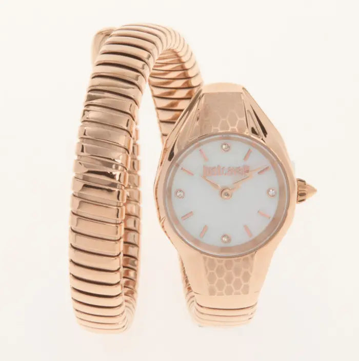 Reloj Just Cavalli Vivace en forma de serpiente tono oro rosa con esfera blanca de nácar.