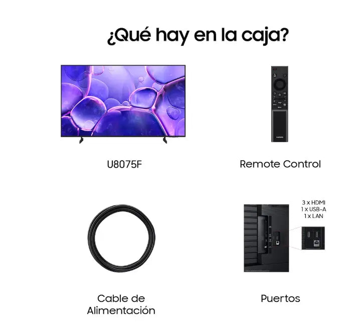 Televisor Samsung 75 U8075F Crystal UHD 4K 2025 frontal accesorios
