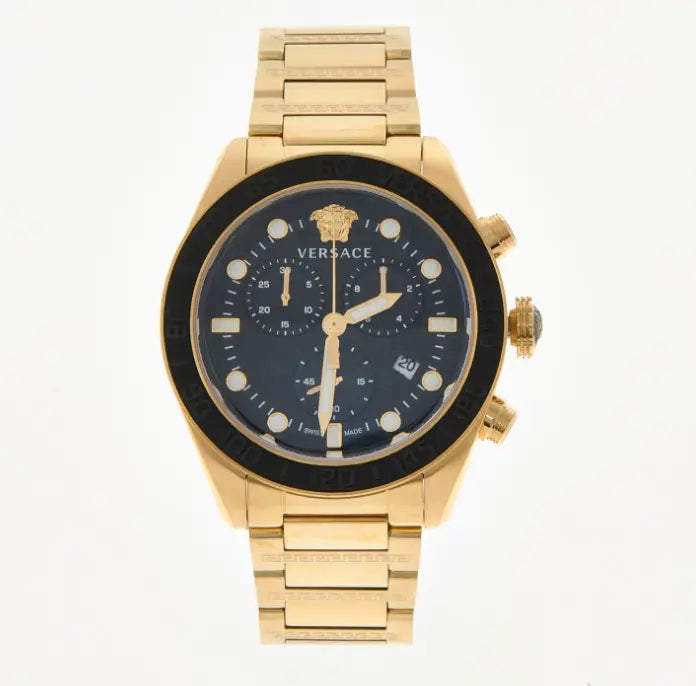 Reloj Versace dorado unisex con cronógrafo y dial negro