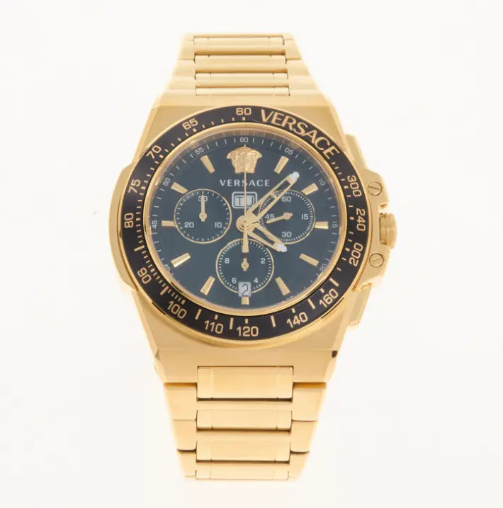 Reloj Versace dorado con carátula negra y cronógrafo 